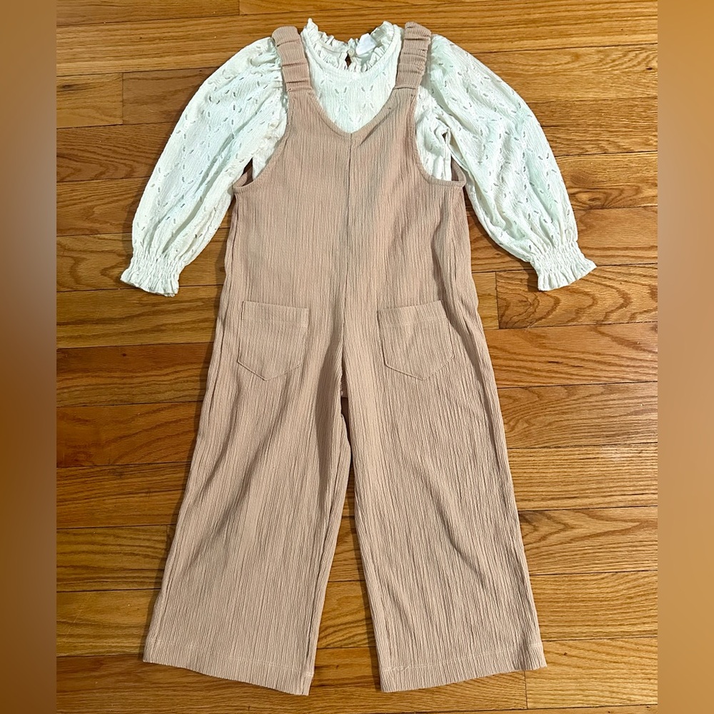 ZARA girls outfit pointelle embroidery top with textured wide leg overall six 6Y